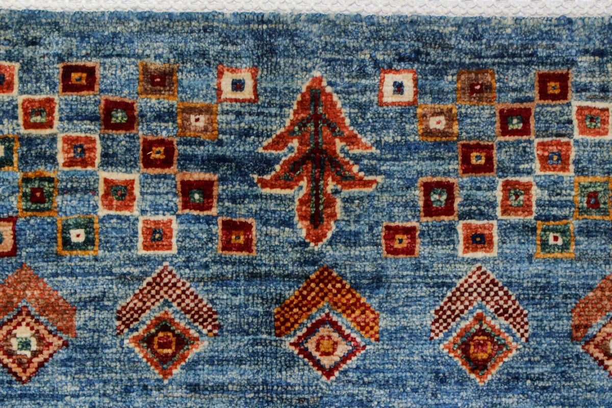 6x8 Beige and Blue Turkish Tribal Rug