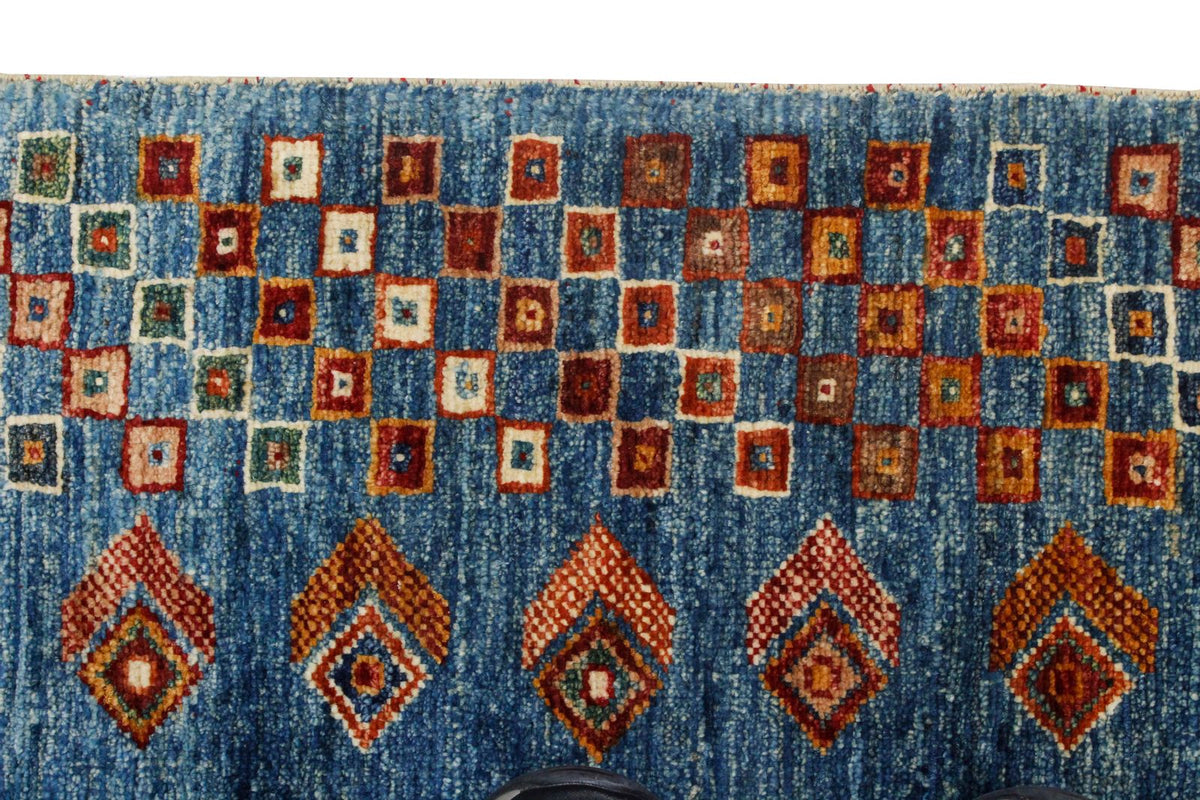 6x8 Beige and Blue Turkish Tribal Rug