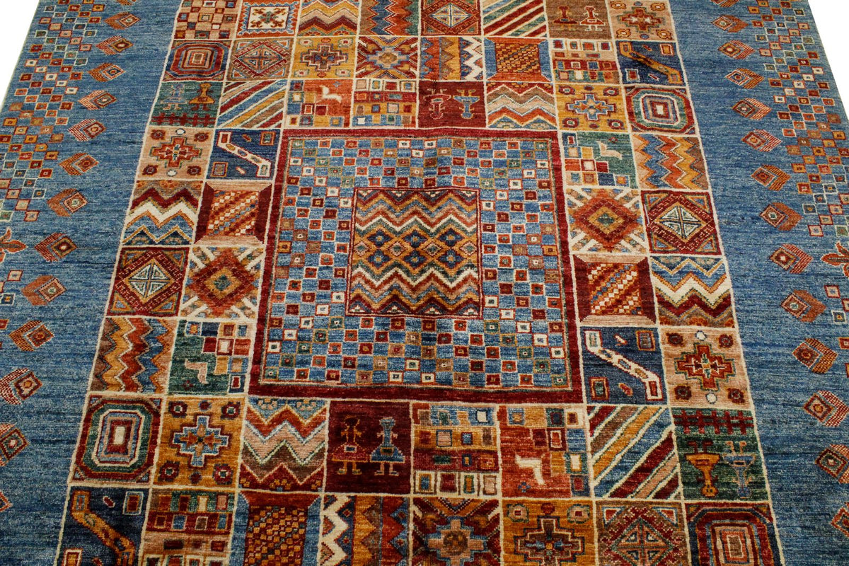 6x8 Beige and Blue Turkish Tribal Rug