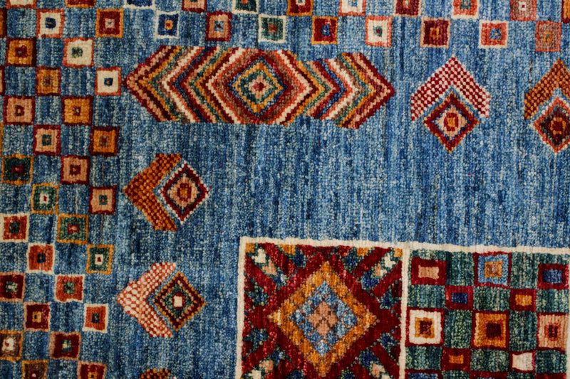 6x8 Beige and Blue Turkish Tribal Rug