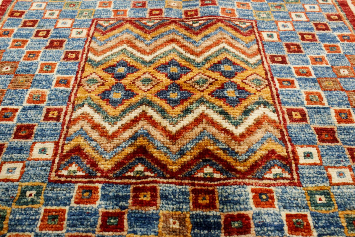 6x8 Beige and Blue Turkish Tribal Rug