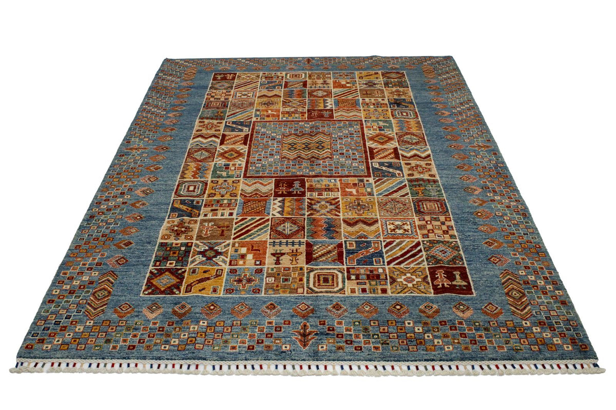 6x8 Beige and Blue Turkish Tribal Rug