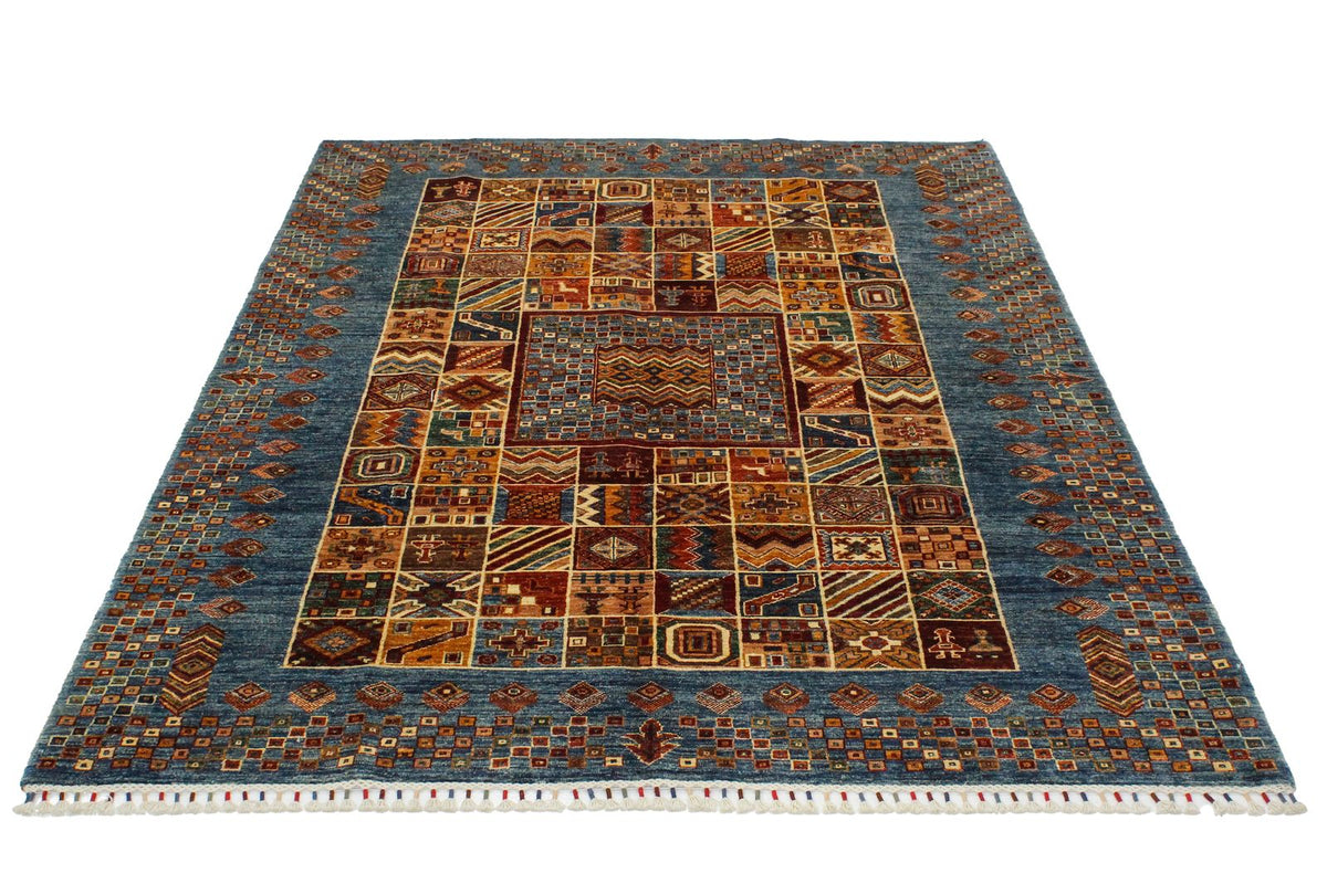 6x8 Beige and Blue Turkish Tribal Rug