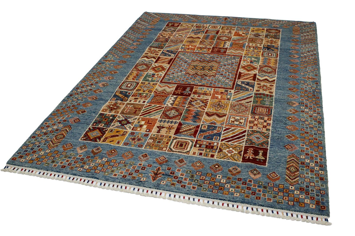 6x8 Beige and Blue Turkish Tribal Rug