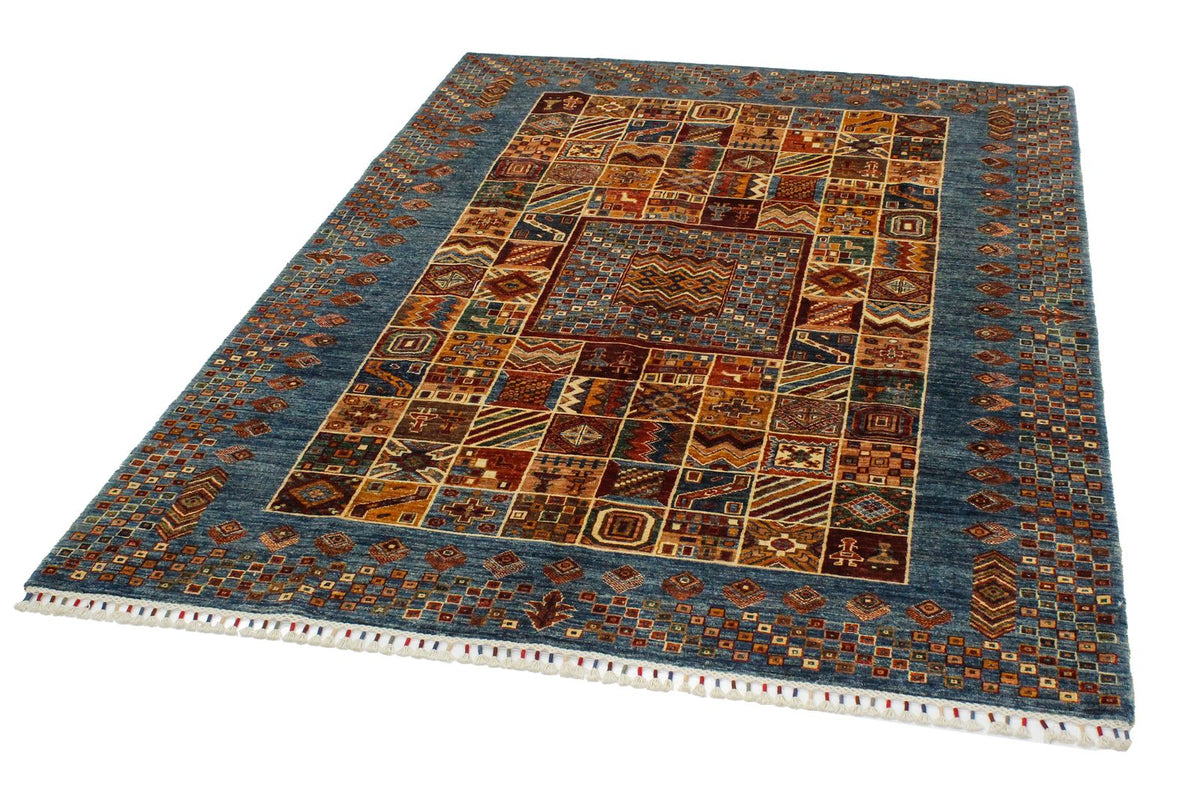 6x8 Beige and Blue Turkish Tribal Rug