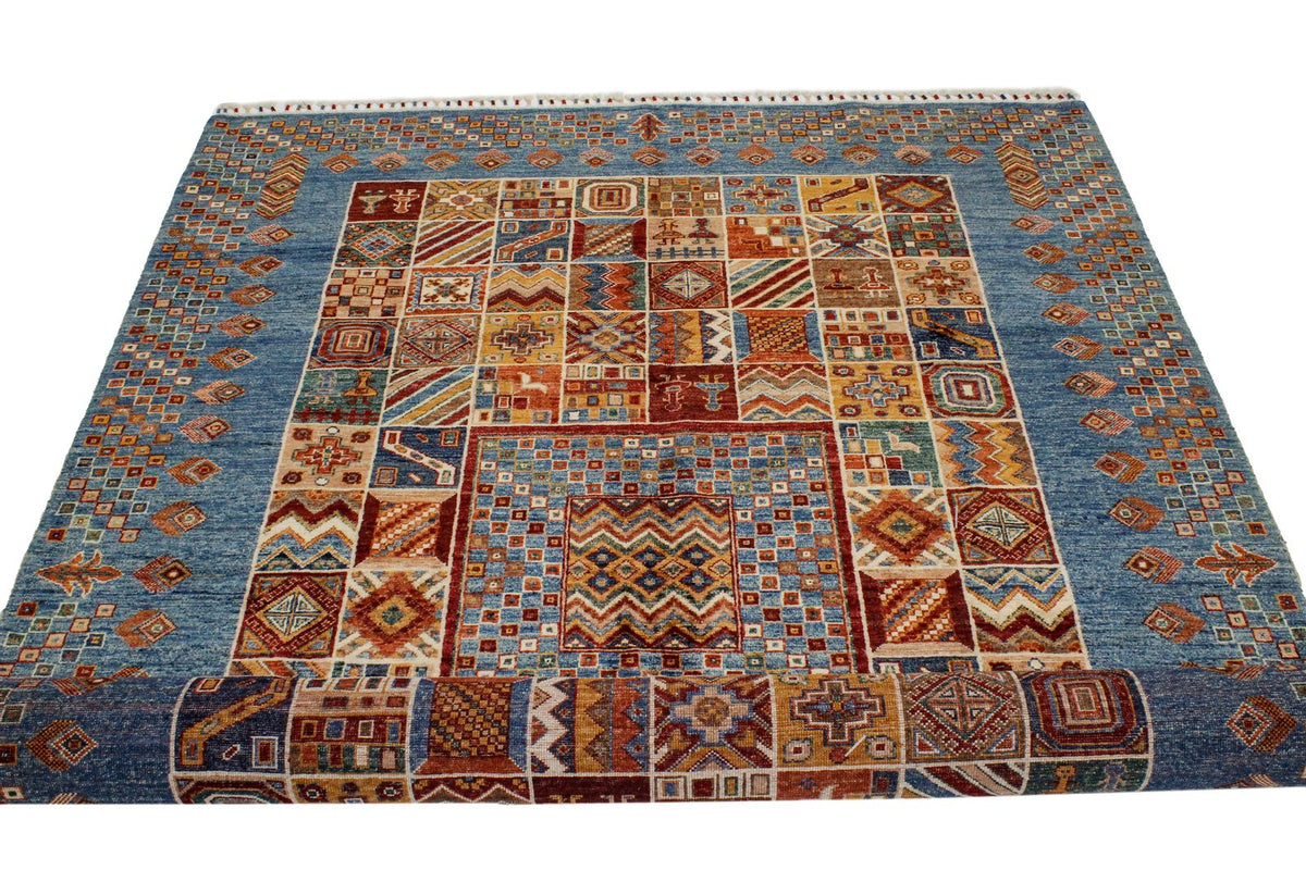 6x8 Beige and Blue Turkish Tribal Rug