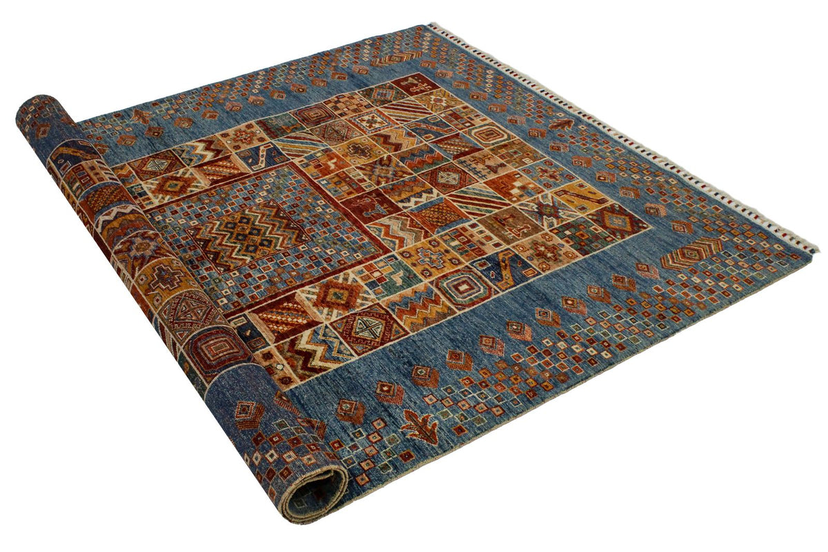 6x8 Beige and Blue Turkish Tribal Rug