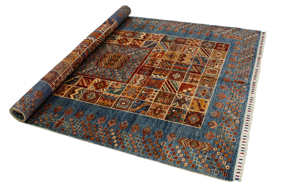 6x8 Beige and Blue Turkish Tribal Rug