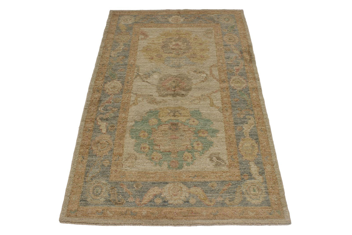 3x5 Ivory and Light Blue Turkish Oushak Rug