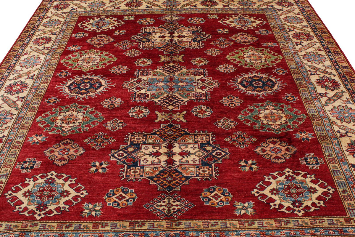 8x9 Red and Ivory Kazak Tribal Rug