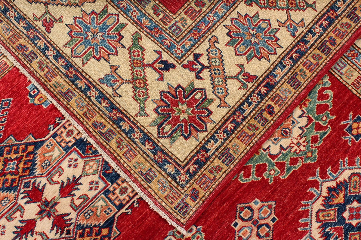 8x9 Red and Ivory Kazak Tribal Rug