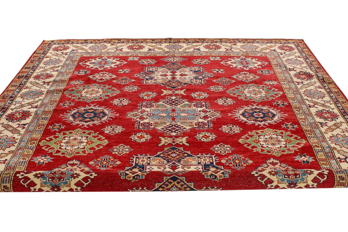 8x9 Red and Ivory Kazak Tribal Rug