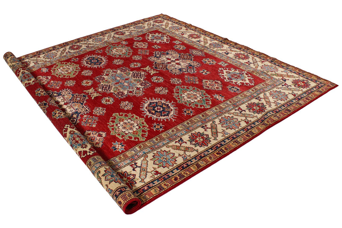 8x9 Red and Ivory Kazak Tribal Rug