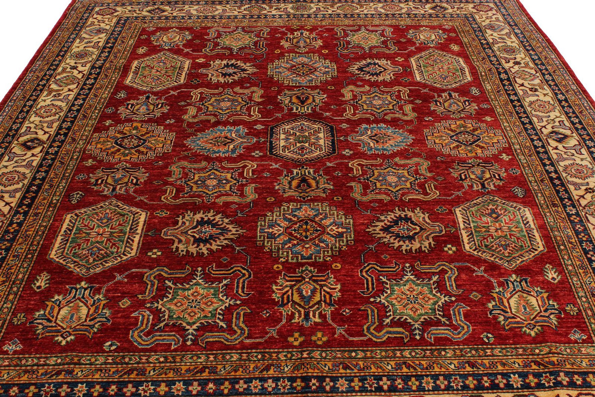 8x9 Red and Ivory Kazak Tribal Rug