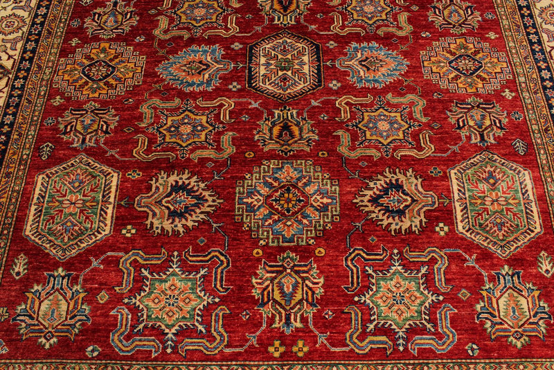 8x9 Red and Ivory Kazak Tribal Rug