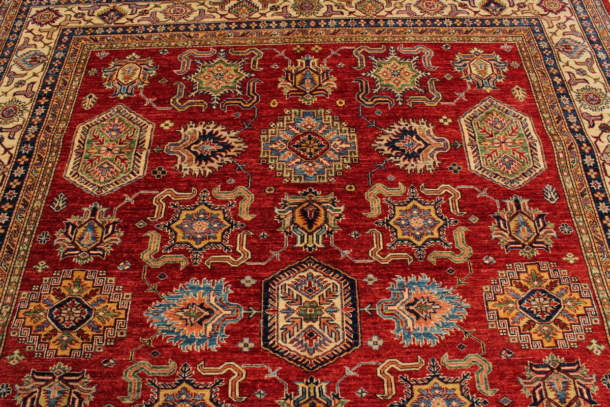 8x9 Red and Ivory Kazak Tribal Rug