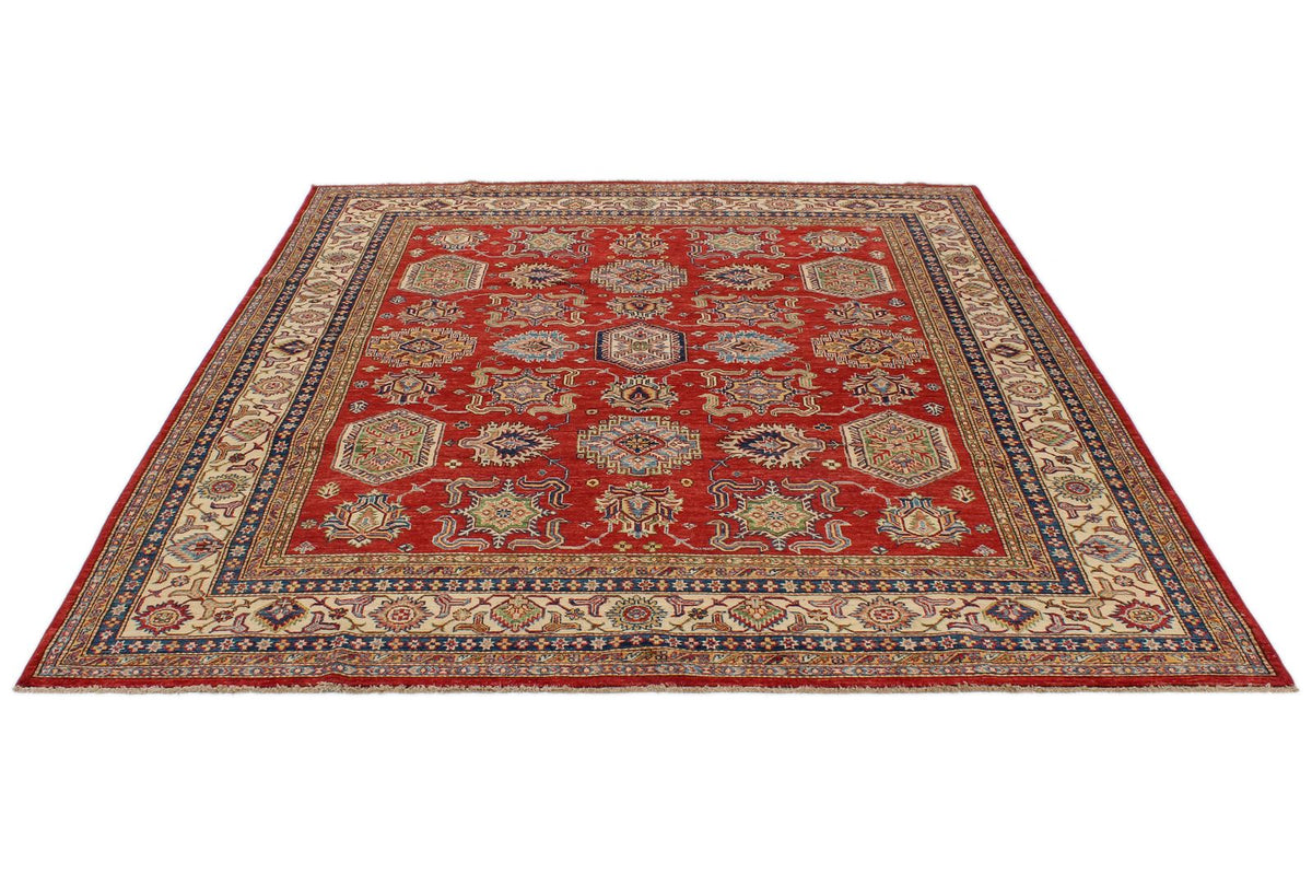 8x9 Red and Ivory Kazak Tribal Rug