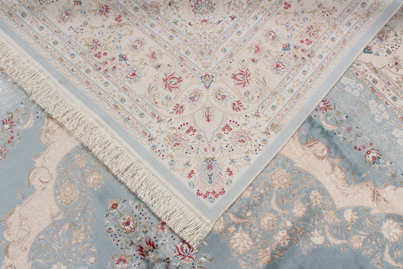 8x11 Blue and Ivory Turkish Antep Rug