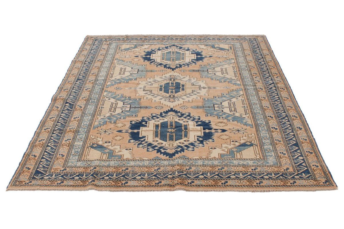 5x6 Beige and Blue Turkish Tribal Rug