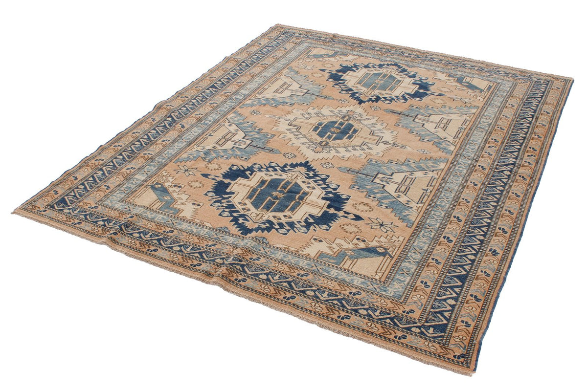 5x6 Beige and Blue Turkish Tribal Rug