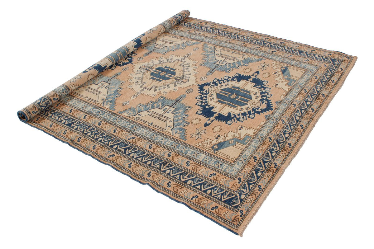 5x6 Beige and Blue Turkish Tribal Rug
