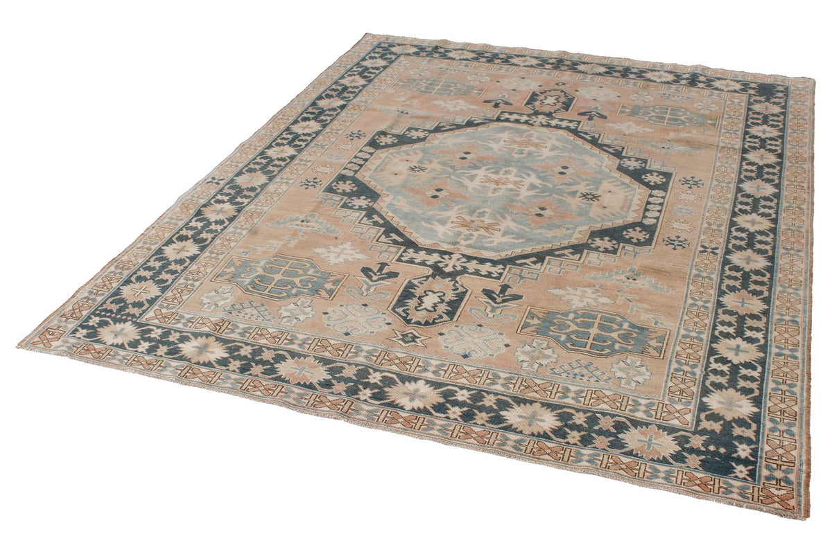 6x7 Peach and Green Turkish Tribal Rug