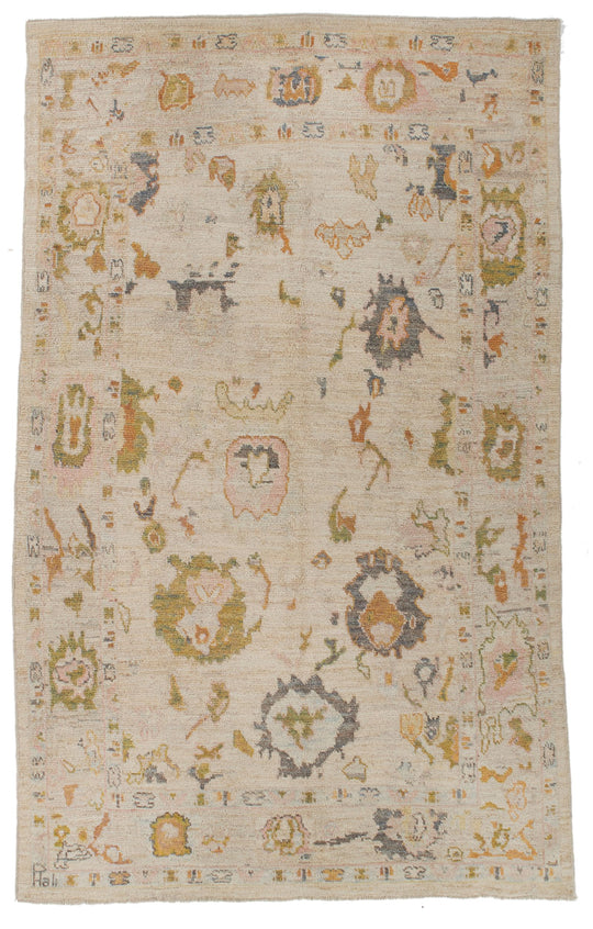 6x10 Ivory and Multicolor Turkish Oushak Rug