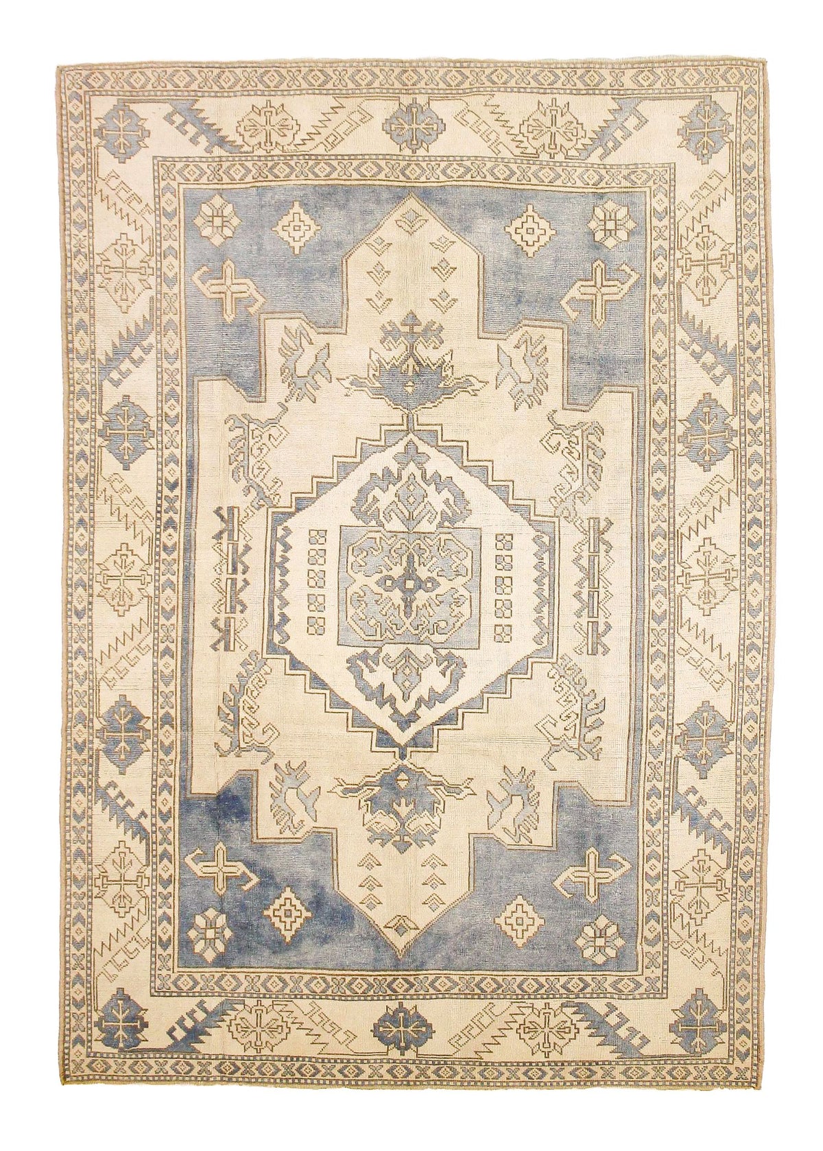 7x10 Blue and Ivory Turkish Tribal Rug