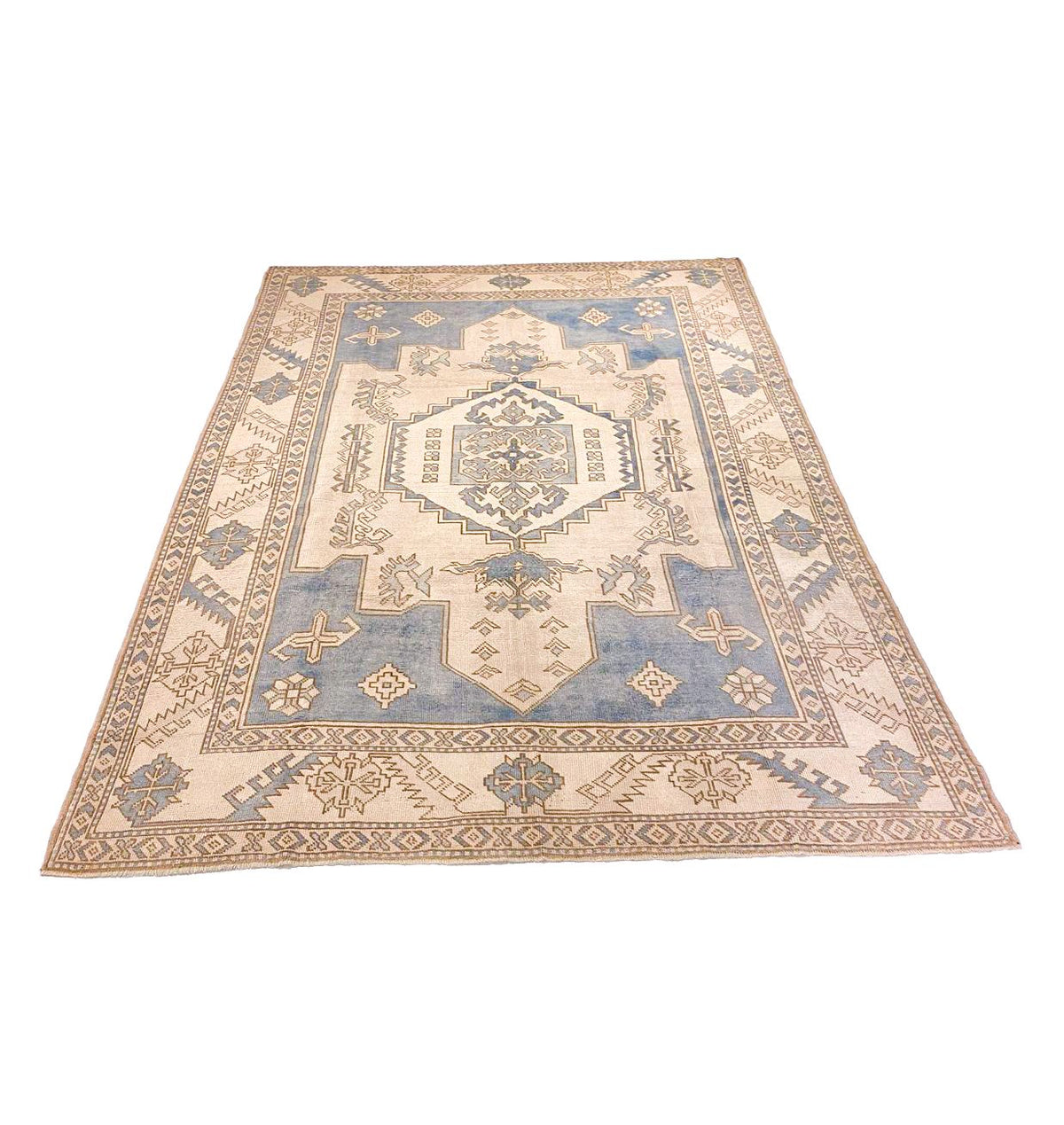 7x10 Blue and Ivory Turkish Tribal Rug