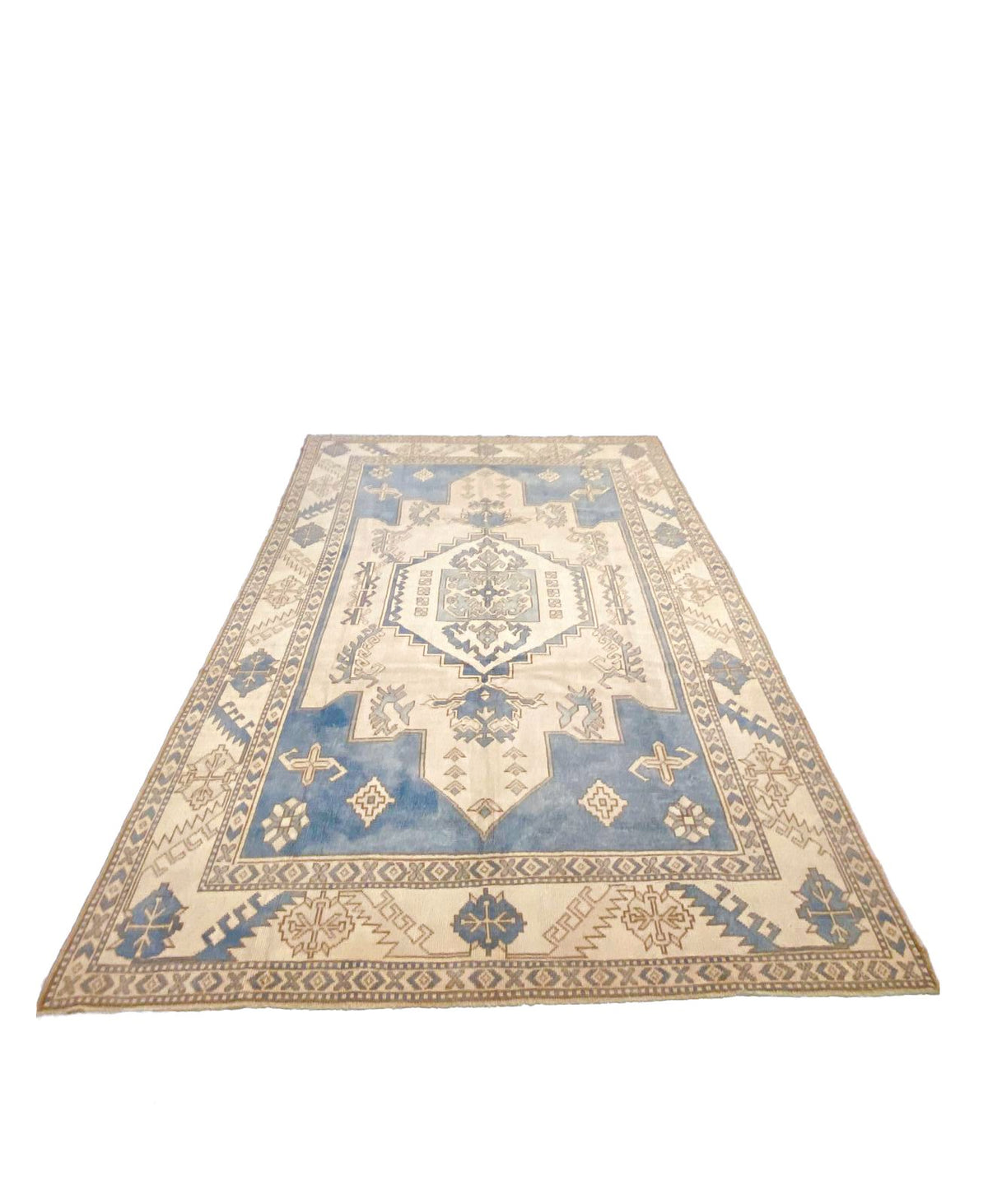 7x10 Blue and Ivory Turkish Tribal Rug
