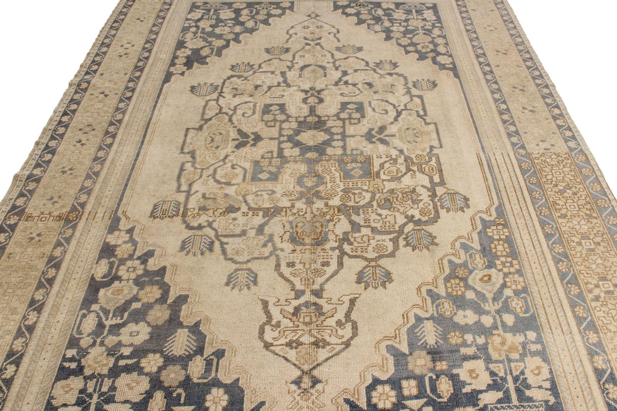 7x11 Ivory and Blue Turkish Tribal Rug