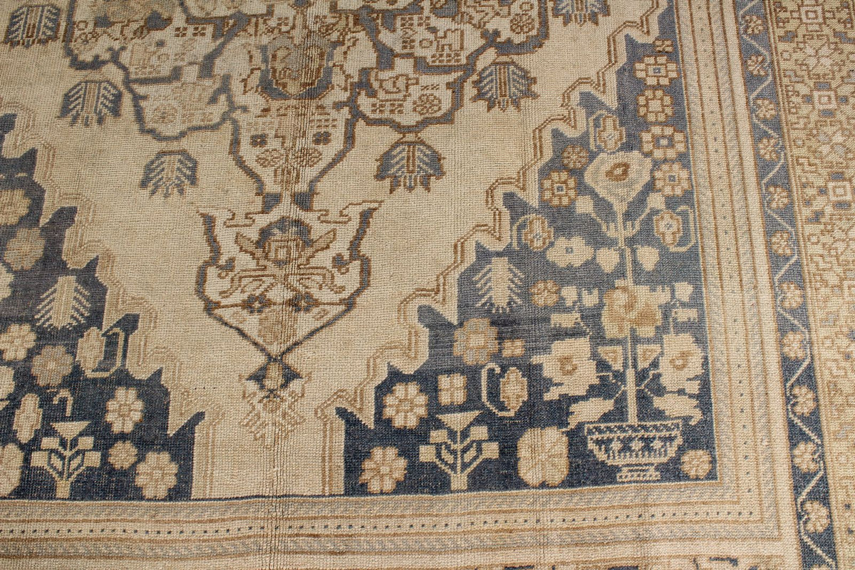 7x11 Ivory and Blue Turkish Tribal Rug