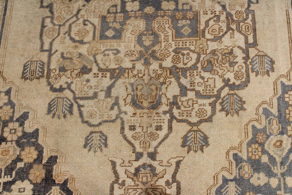 7x11 Ivory and Blue Turkish Tribal Rug