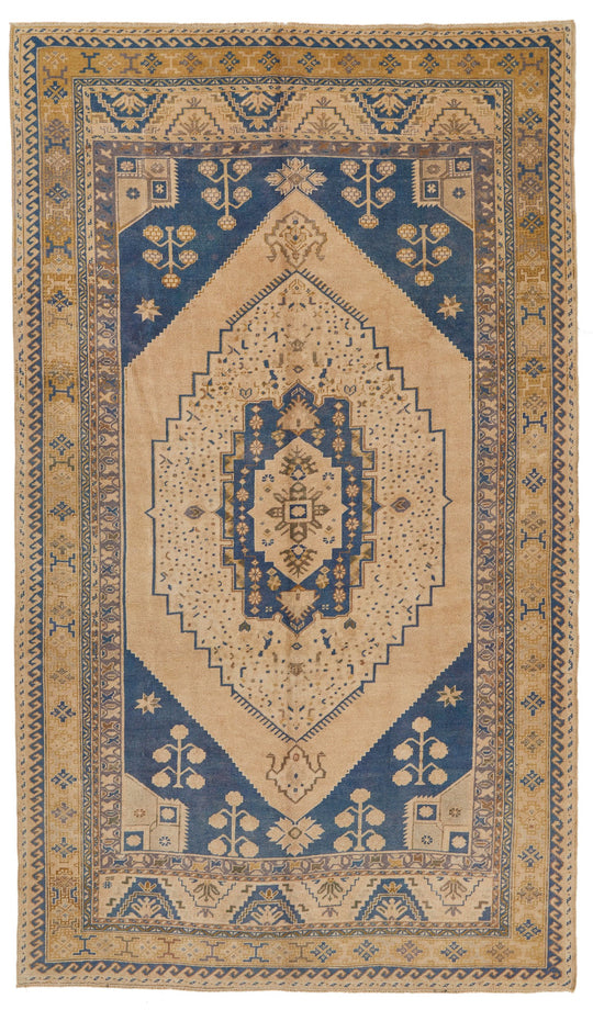 7x11 Ivory and Blue Turkish Tribal Rug