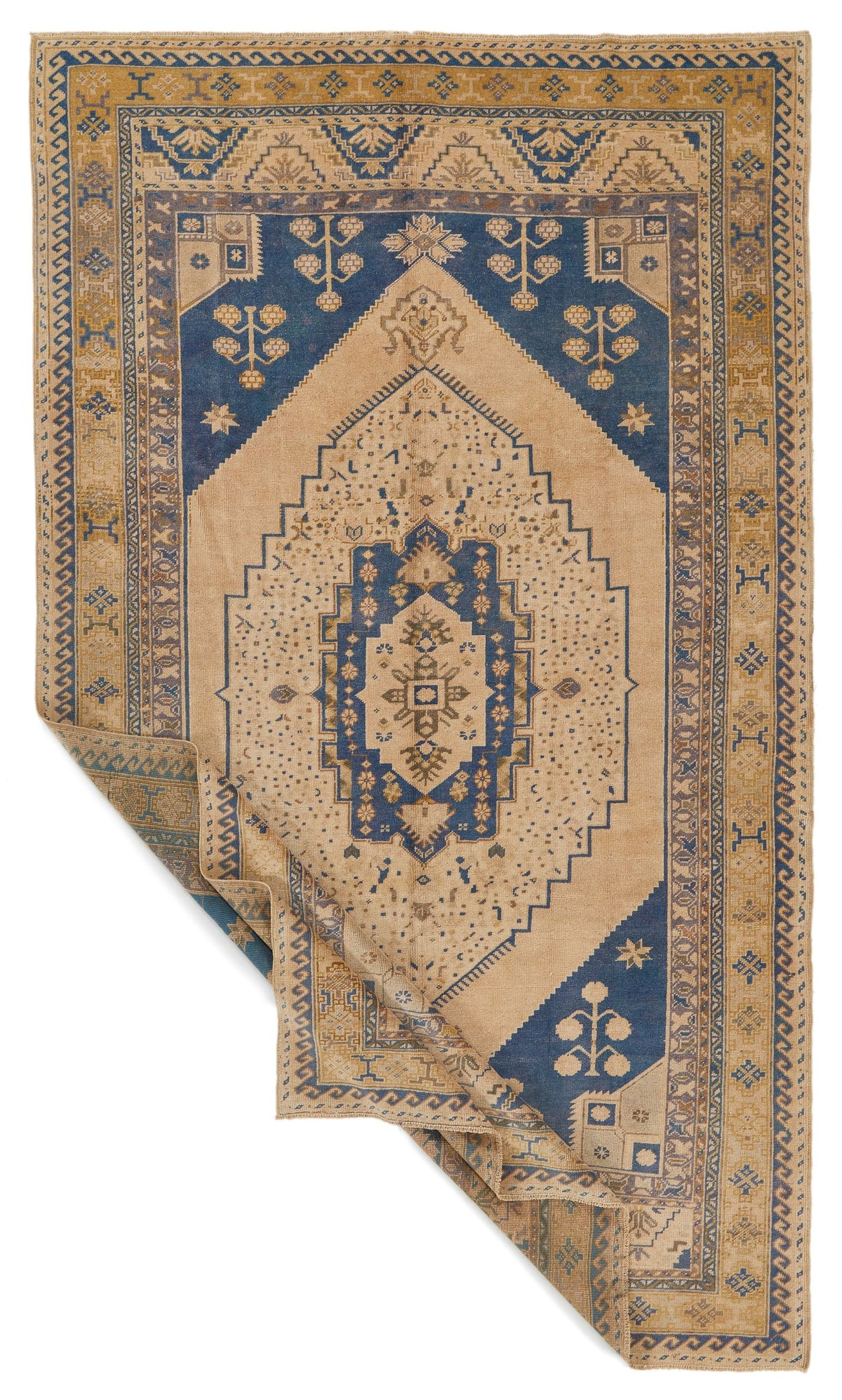 7x11 Ivory and Blue Turkish Tribal Rug