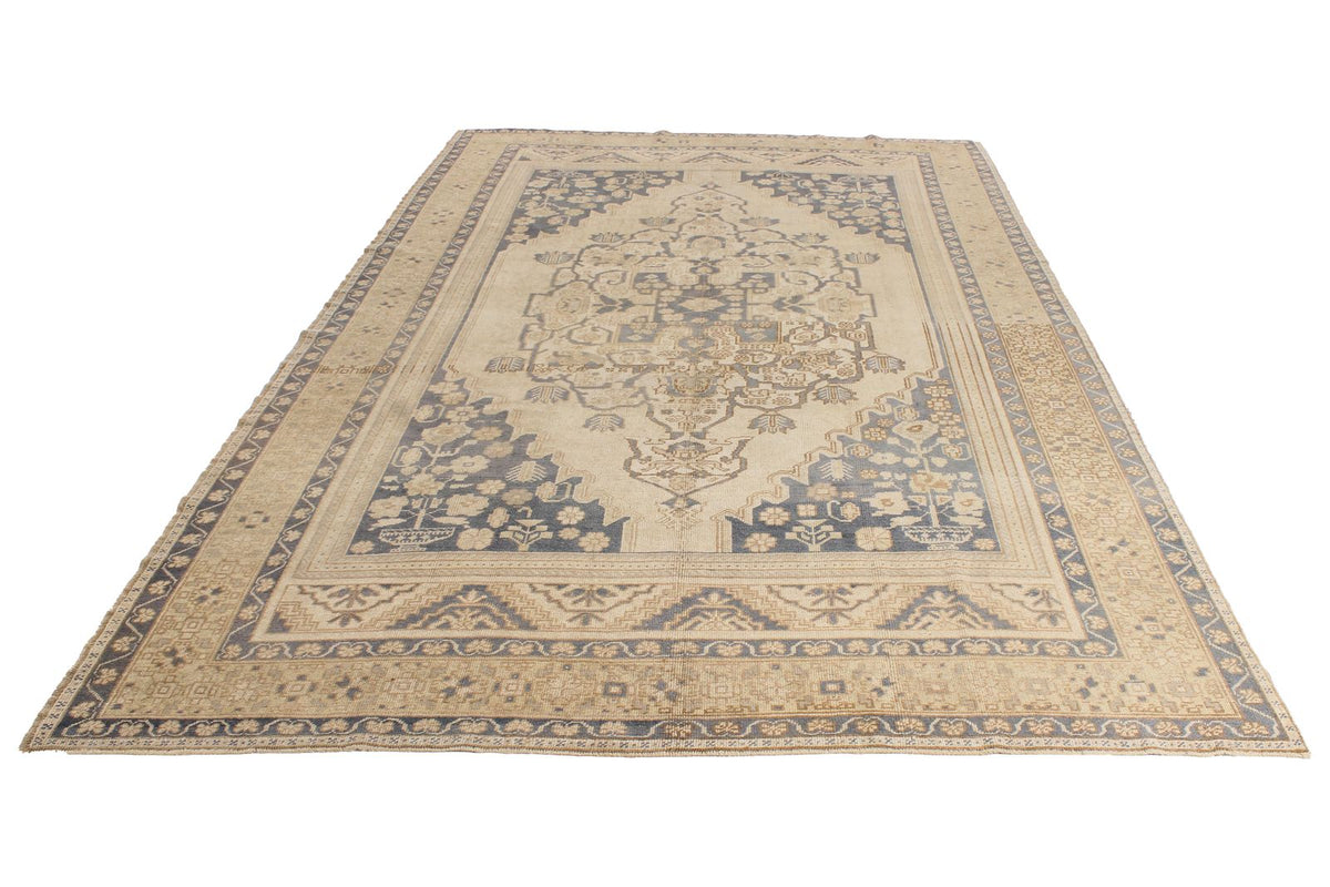 7x11 Ivory and Blue Turkish Tribal Rug
