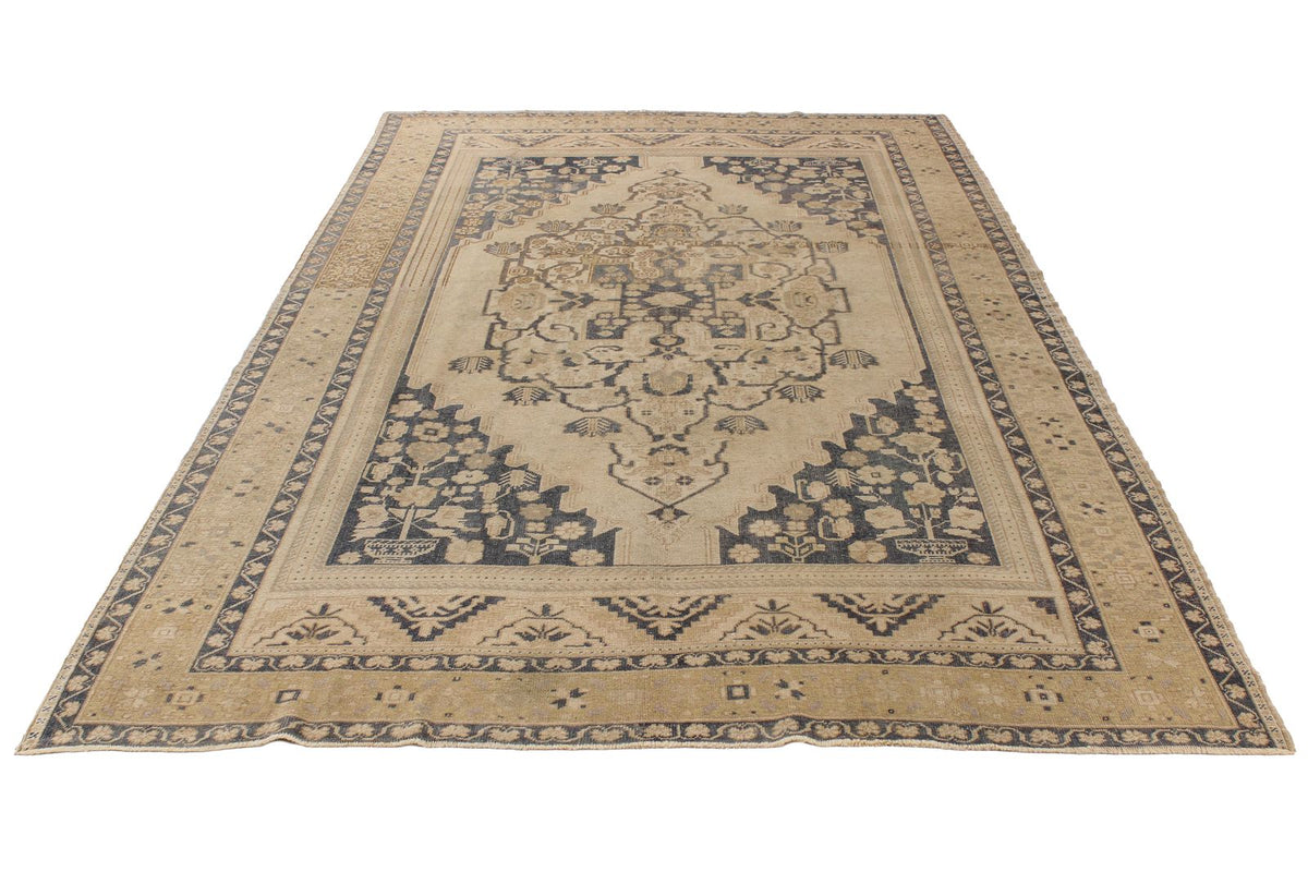 7x11 Ivory and Blue Turkish Tribal Rug