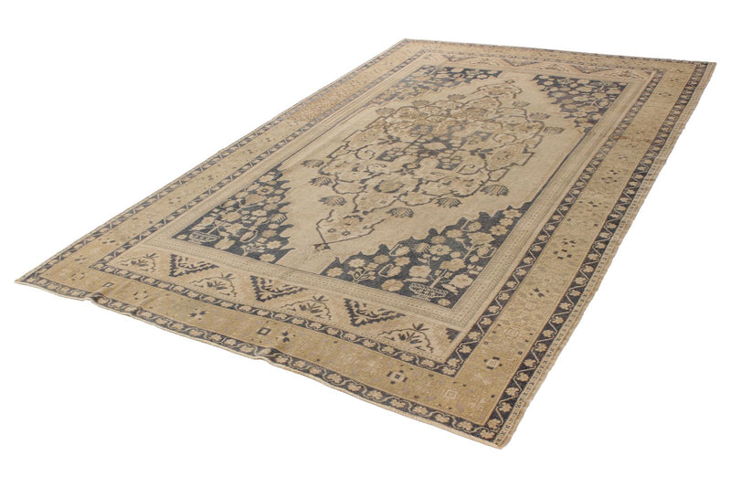 7x11 Ivory and Blue Turkish Tribal Rug