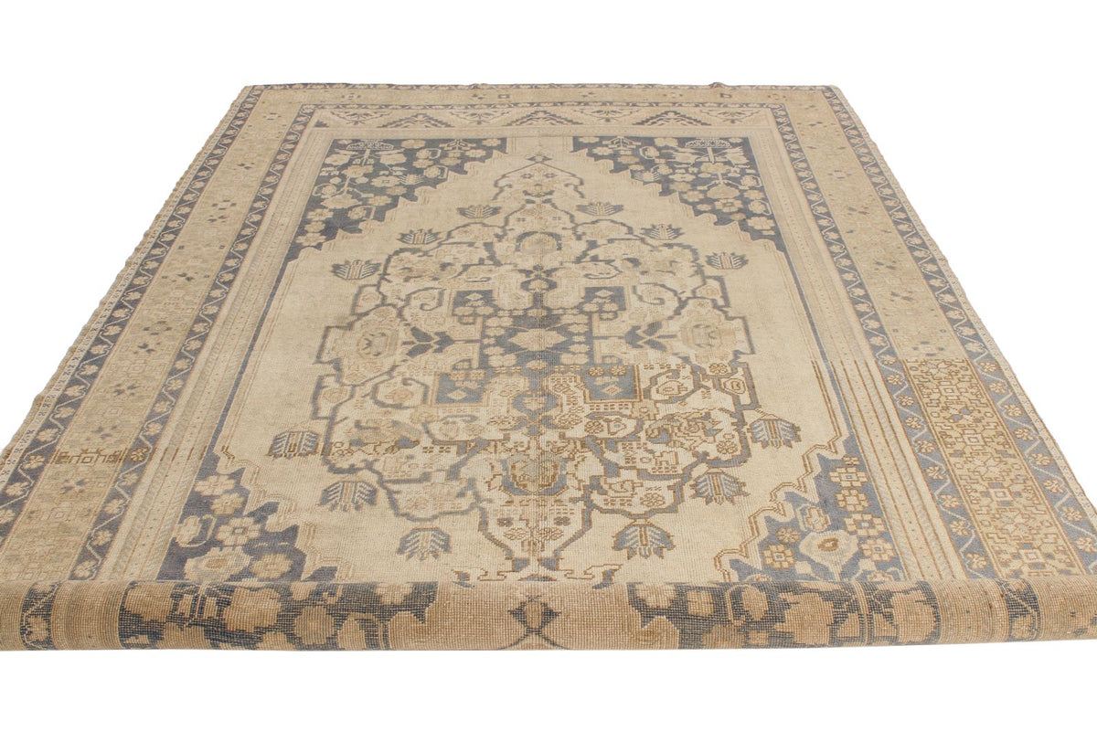 7x11 Ivory and Blue Turkish Tribal Rug