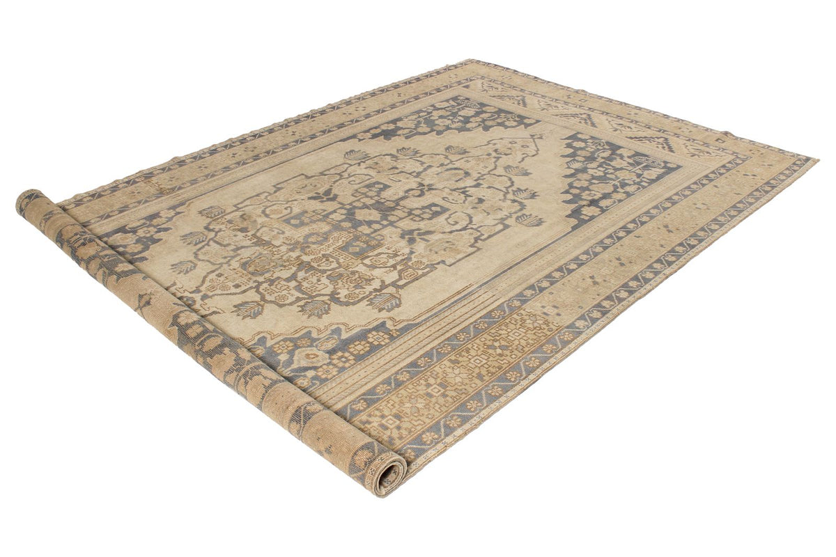 7x11 Ivory and Blue Turkish Tribal Rug
