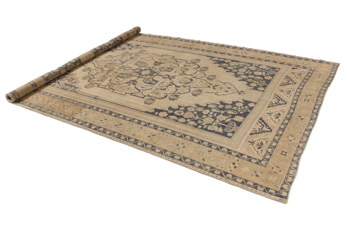 7x11 Ivory and Blue Turkish Tribal Rug