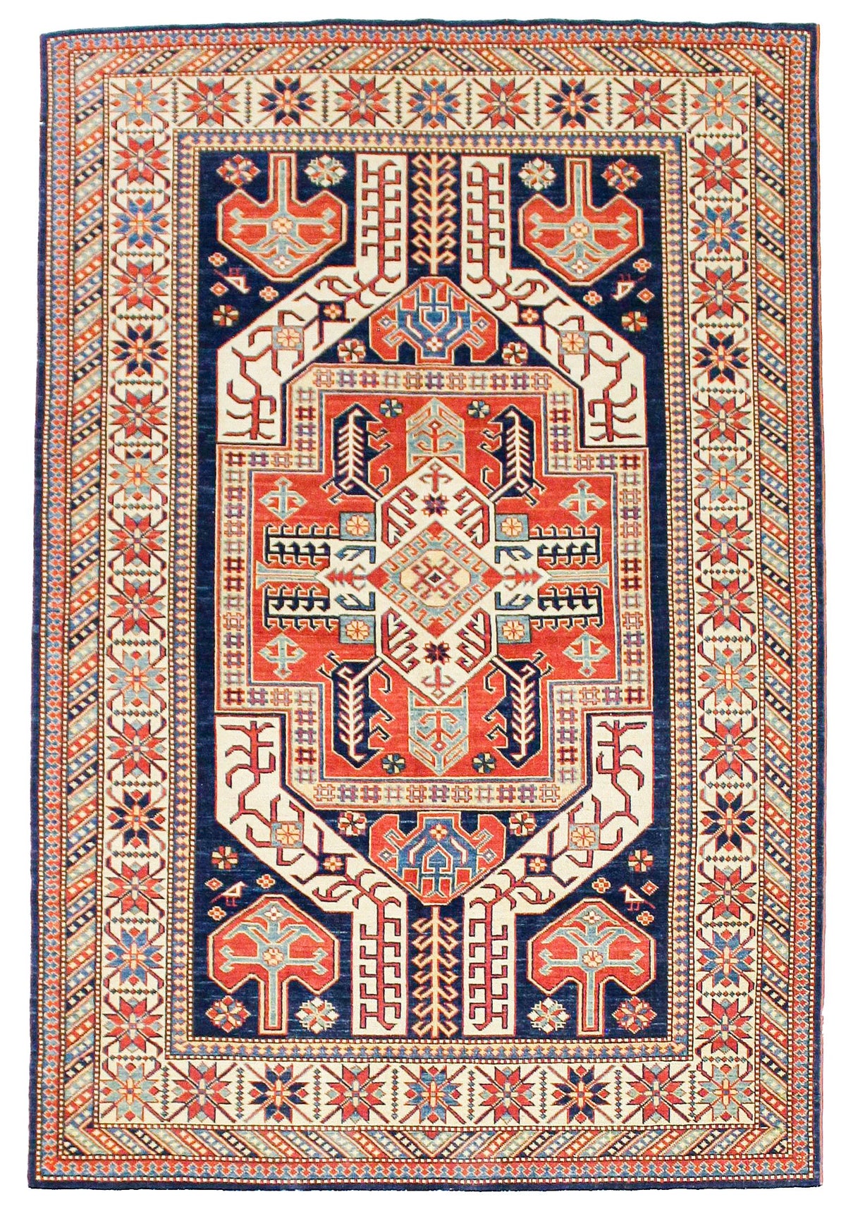 6x9 Navy and Ivory Turkish Tribal Rug