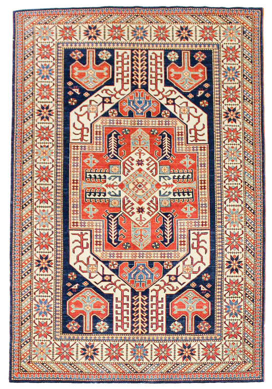 6x9 Navy and Ivory Turkish Tribal Rug