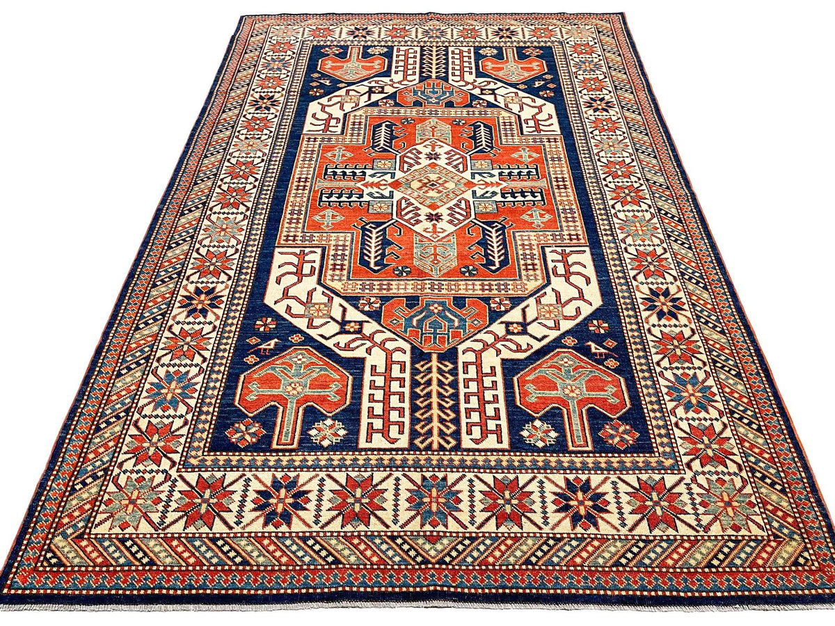 6x9 Navy and Ivory Turkish Tribal Rug