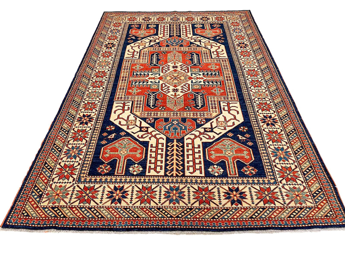 6x9 Navy and Ivory Turkish Tribal Rug