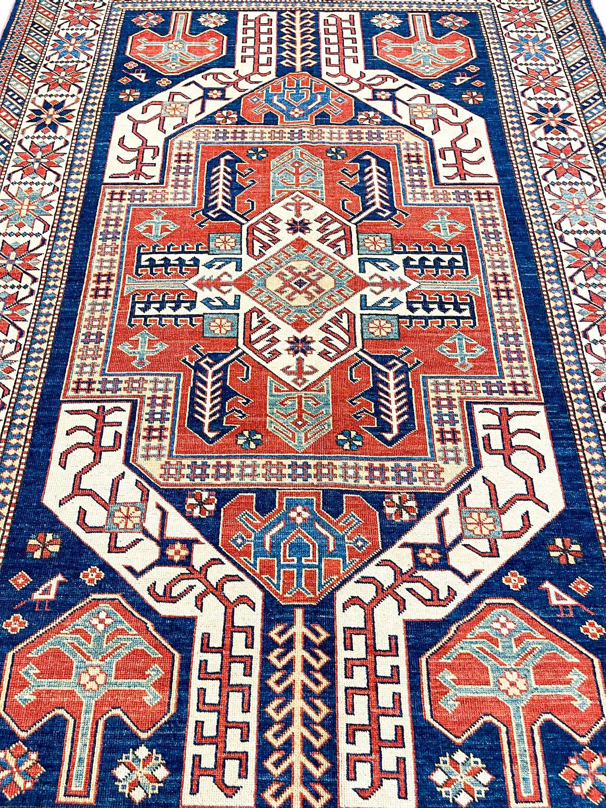 6x9 Navy and Ivory Turkish Tribal Rug