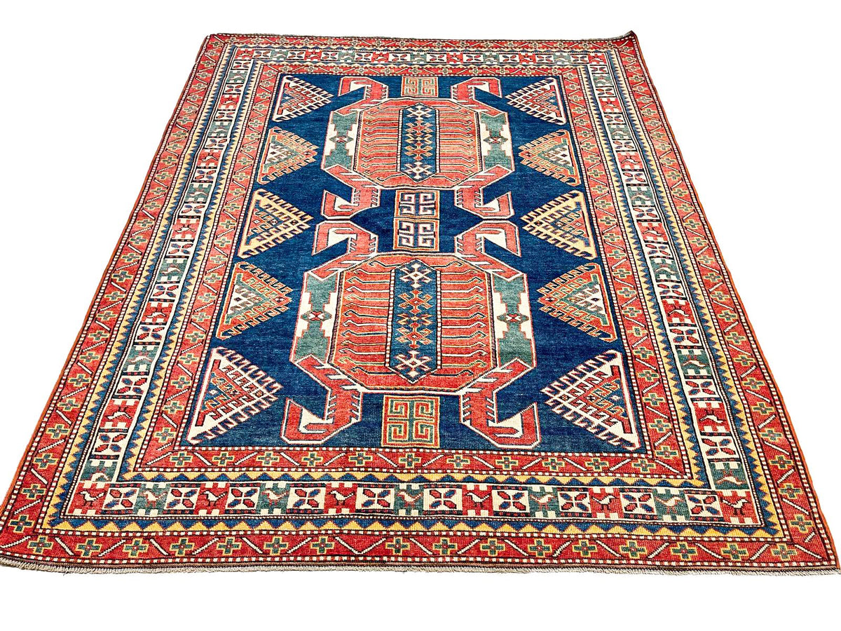 5x6 Navy and Ivory Turkish Tribal Rug