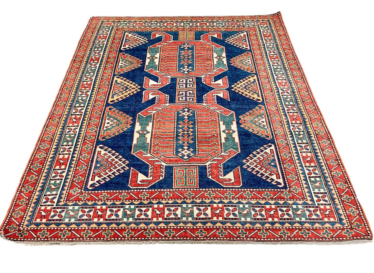 5x6 Navy and Ivory Turkish Tribal Rug