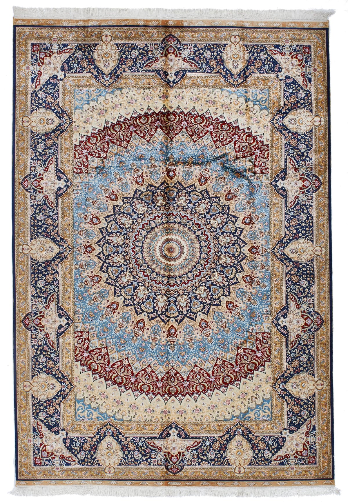 6x9 Multicolor and Navy Turkish Silk Rug