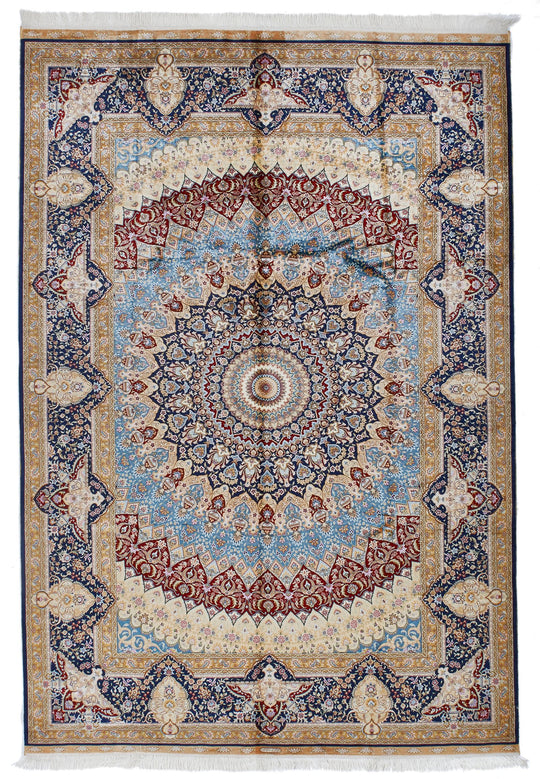 6x9 Multicolor and Navy Turkish Silk Rug